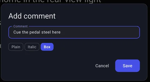 The BandBinder comment editor, attaching a plain, italic, or boxed comment to a chart line