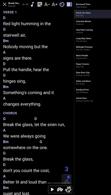 BandBinder's Performance Mode mid-song, with a count-in beat number over the metronome pendulum in the corner, above a full screen of lyrics