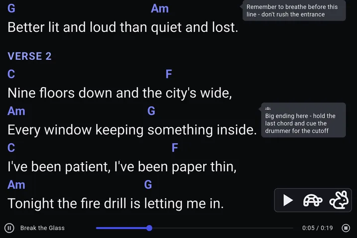 BandBinder's reference-track transport bar docked beneath a chart, playing a track with a seek slider and elapsed time