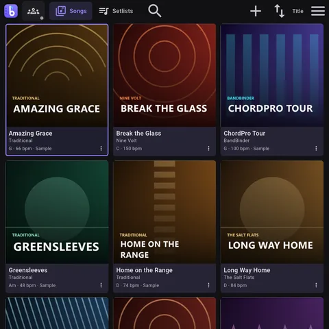 A BandBinder song library grid, three columns of songs with their generated cover art, titles, keys and tempos
